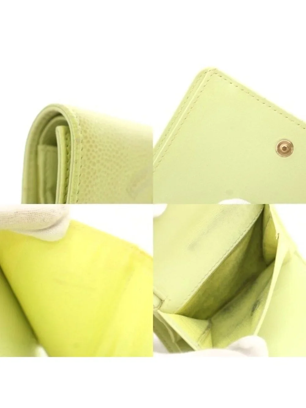 Chanel Small Flap Wallet Trifold Coin Purse Leather CC Logo Yellow Green
